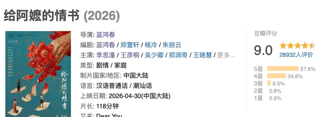 《给阿嬷的情书》豆瓣开分9.0创2026院线片最高分 | 资讯配图